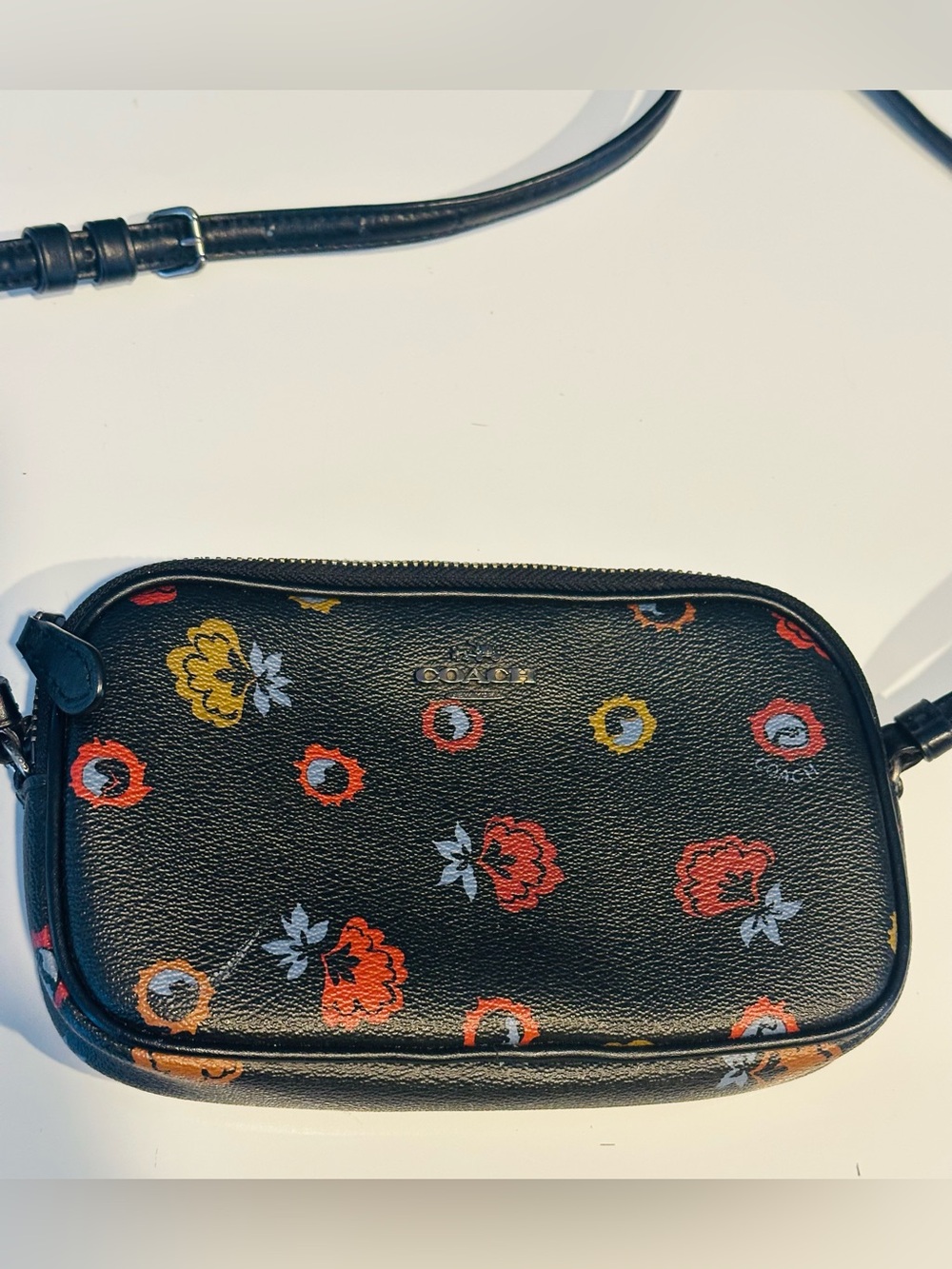 Coach Signature Floral Crossbody Bag Double Zip Adjustable Strap Black Designer